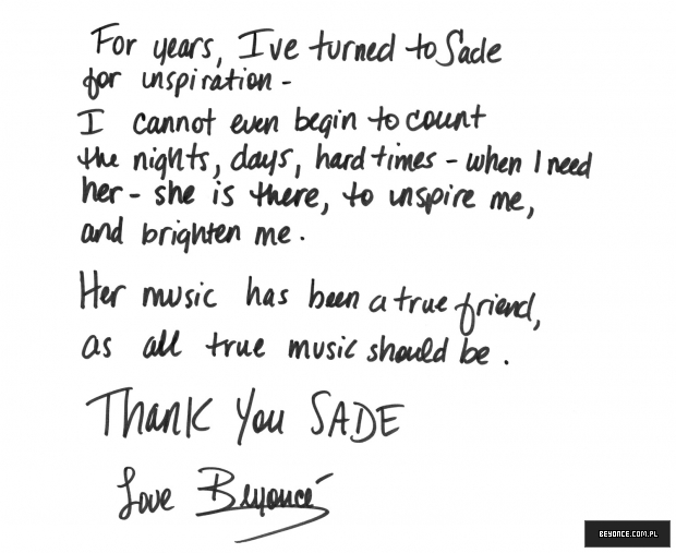 Beyonce's Letter to Sade
